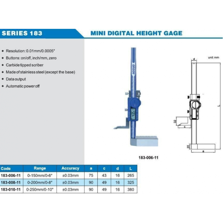 Accud Dijital Mini Yükseklik Mihengiri 150mm | 183-006-11