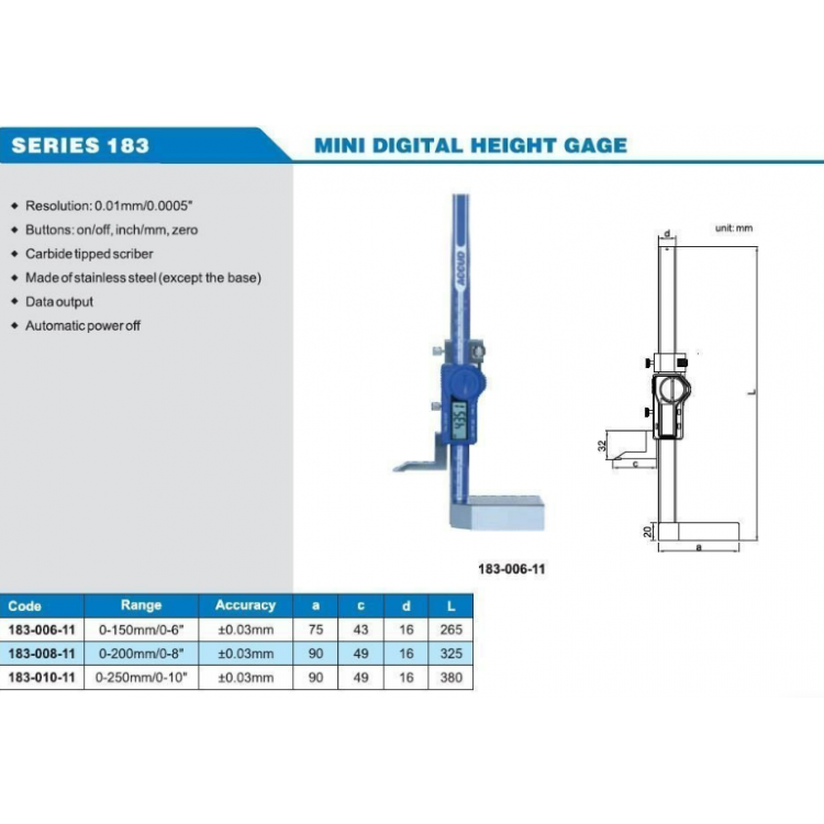 Accud Dijital Mini Yükseklik Mihengiri 250mm | 183-010-11