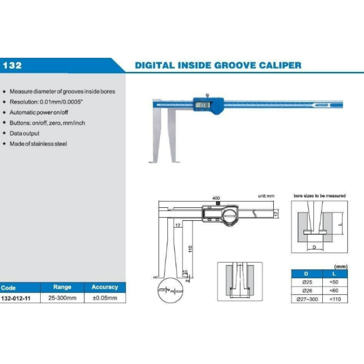 Accud  Dijital İç Çap Kanal Kumpası 25-300mm/132-012-11