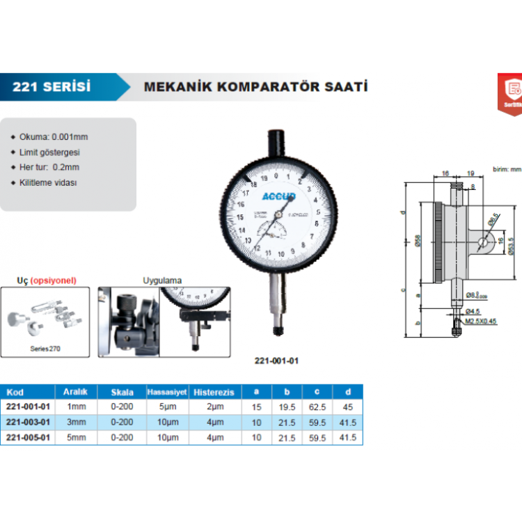 Accud Mekanik Komparatör Saati 3mm/221-003-01