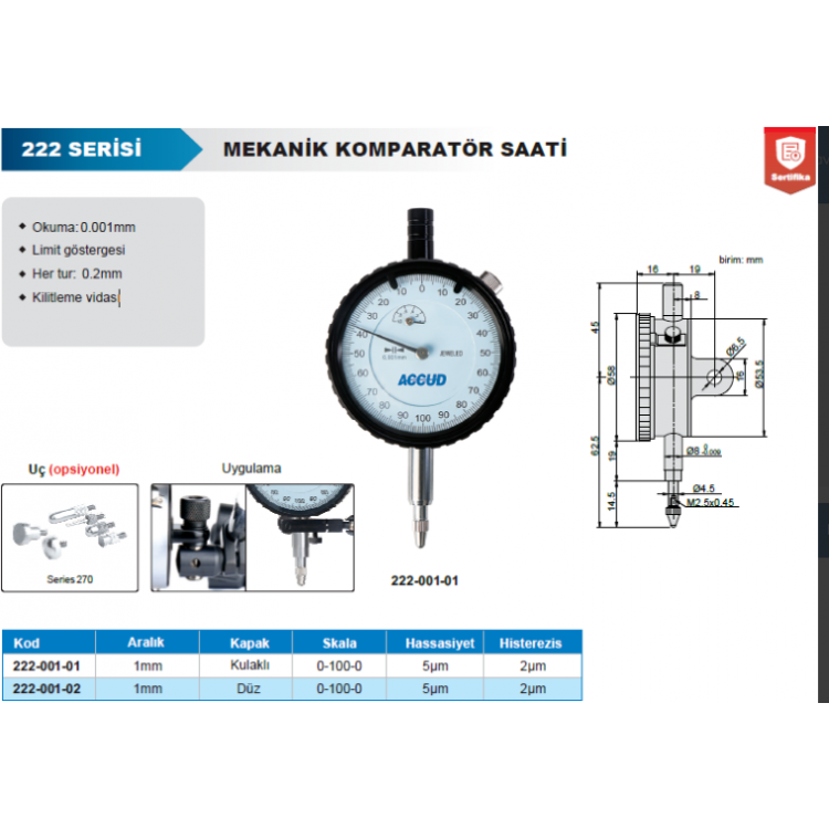 Accud Mekanik Komparatör Saati 1mm/222-001-01