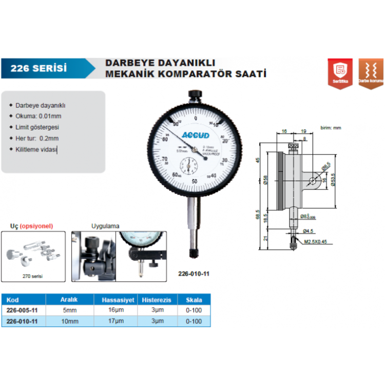 Accud Darbeye Dayanıklı Mekanik Komparatör10mm/Saati 226-010-11