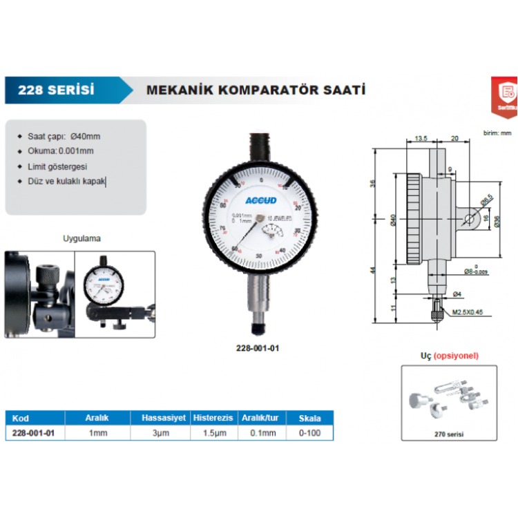 Accud Mekanik Komparatör Saati 1mm / 228-001-01