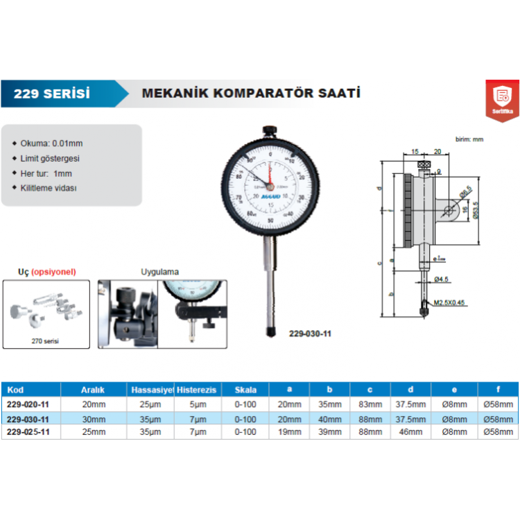 Accud Mekanik Komparatör Saati 30mm / 229-030-11