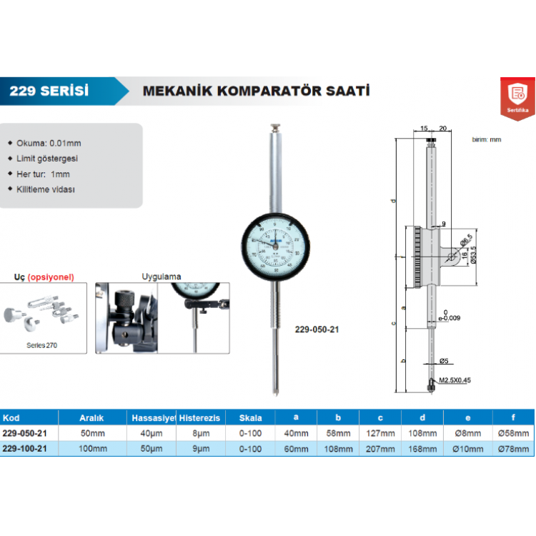 Accud Mekanik Komparatör Saati - Uzun Aralık 50mm/229-050-21