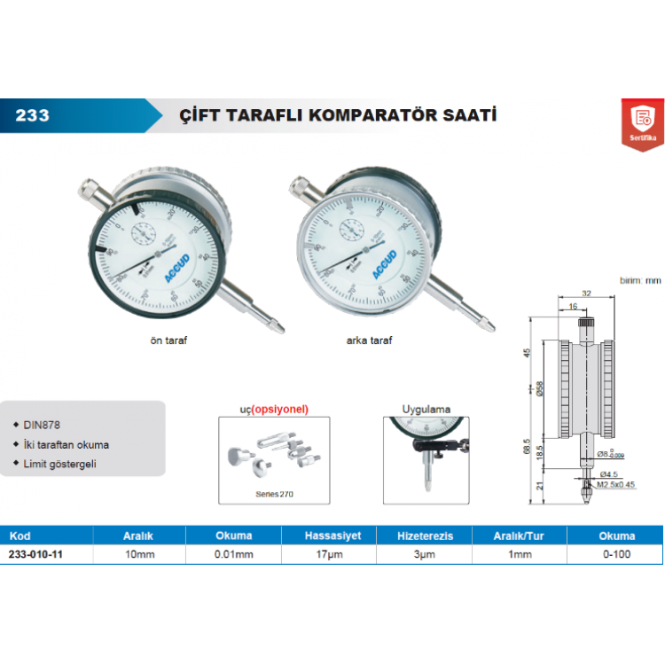 Accud Çift Taraflı Komparatör Saati 10 mm/233-010-11