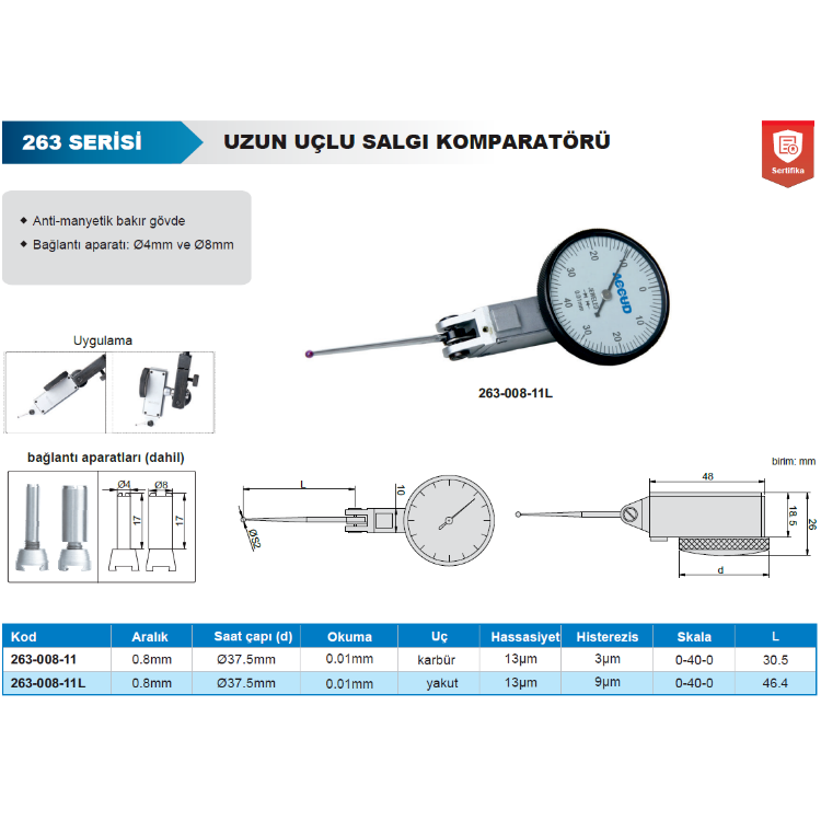 Accud Uzun Uçlu Salgı Komparatörü 0-0.08mm/263-008-11