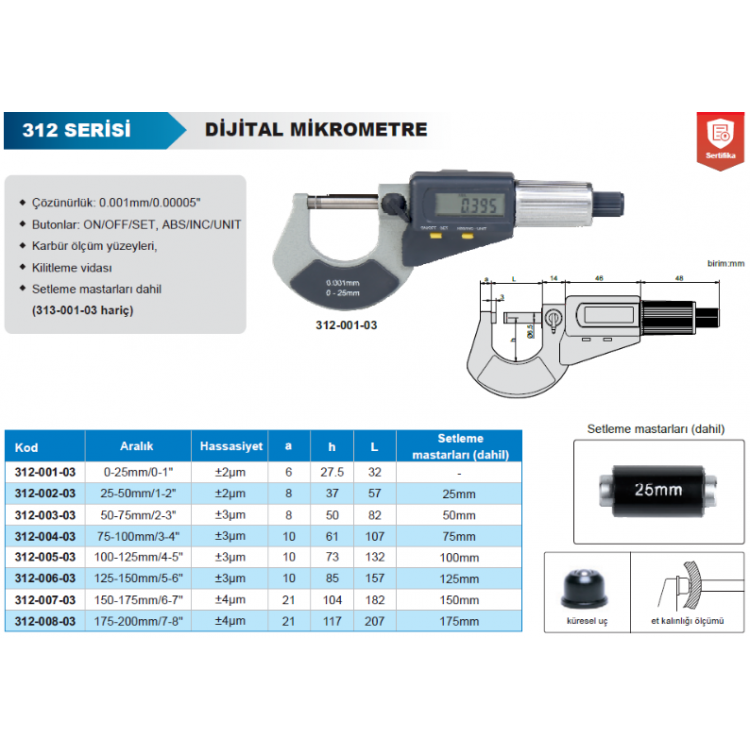 Accud Dijital Dış Çap Mikrometresi 312 Serisi 0-25mm/312-001-03