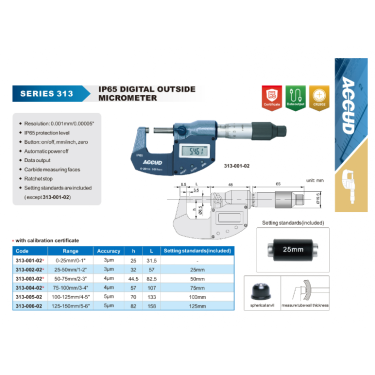 Accud IP65 Dijital Mikrometre 0-25 mm / 313-001-02