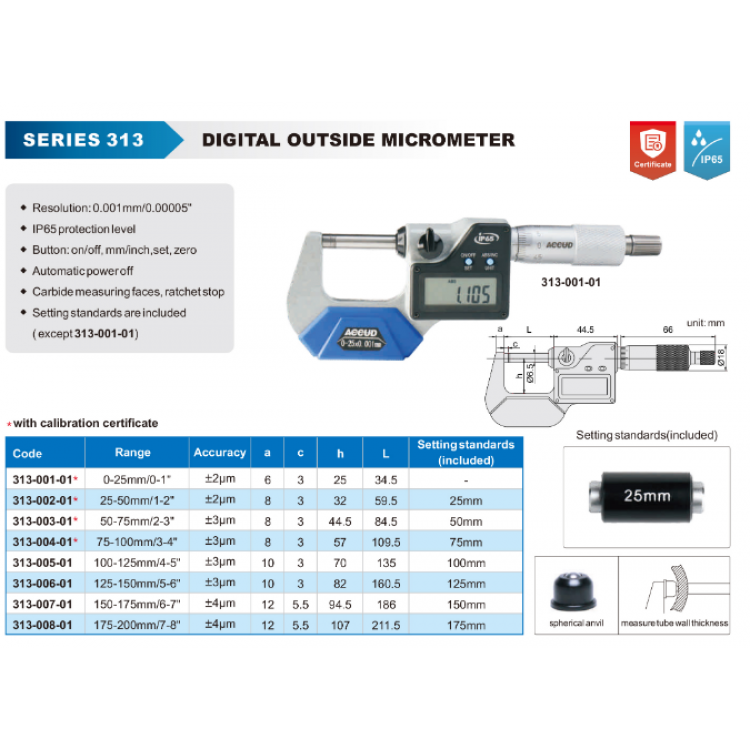 Accud Dijital Mikrometre 50-75 mm/313-003-01