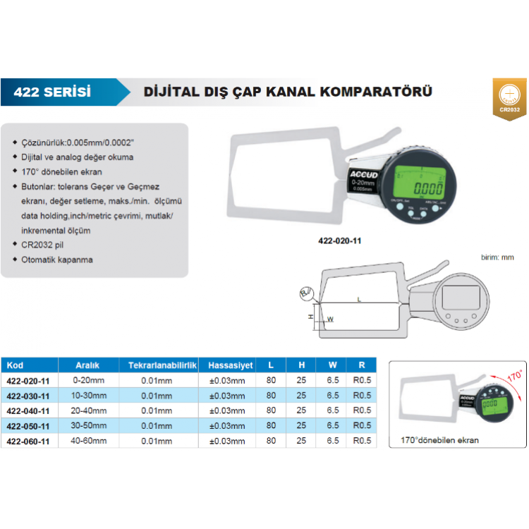 Accud Dijital Dış Çap Kanal Komparatörü 40-60mm / 422-060-11