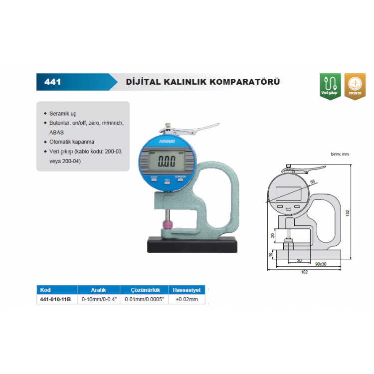 Accud Dijital Kalınlık Komparatörü 0-10mm /441-010-11B