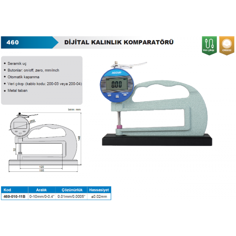 Accud Dijital Kalınlık Komparatörü 0-10mm / 460-010-11