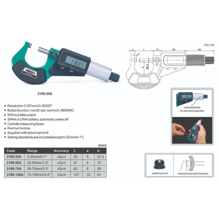 Insize  Dijital Mikrometre 50-75mm | 3109-75A